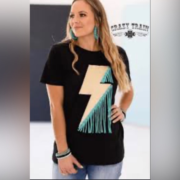 Crazy Train Struck ‘‘Em Tee Lightning Fringe Black Turquoise Women’s NWT Large - Picture 1 of 7